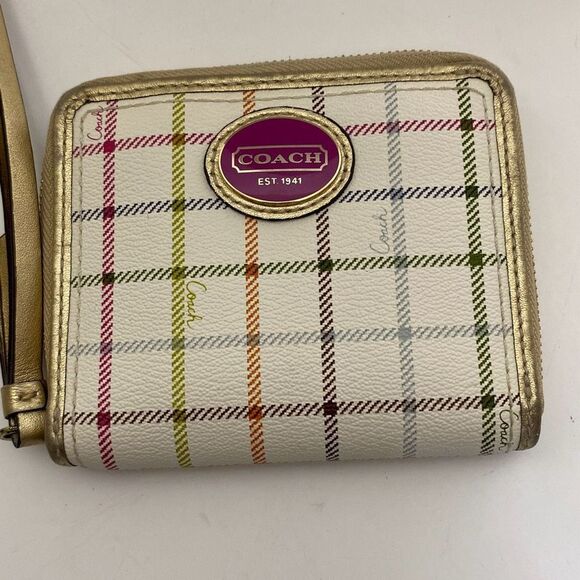 Coach Women's Multicolor Leather Plaid Square Zip Wristlet Wallet - Picture 1 of 9